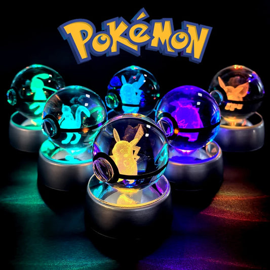 Pokemon Crystal Ball Pikachu Gengar Eevee Mewtwo Lacario Anime Game Pokeball Led Night Light Base Kids Birthday Gift Home Decor